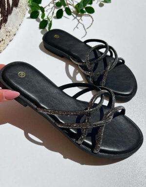Flat Strass Sandals Black