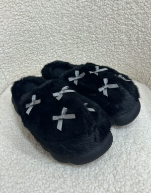 Furry Bow Slippers Black