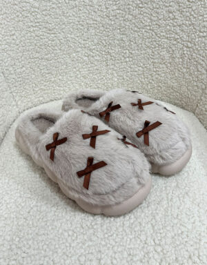 Furry Bow Slippers Grey