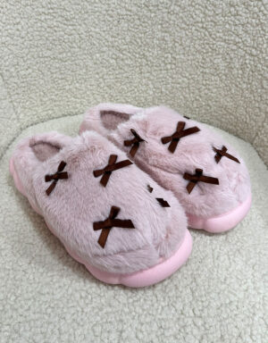 Furry Bow Slippers Pink