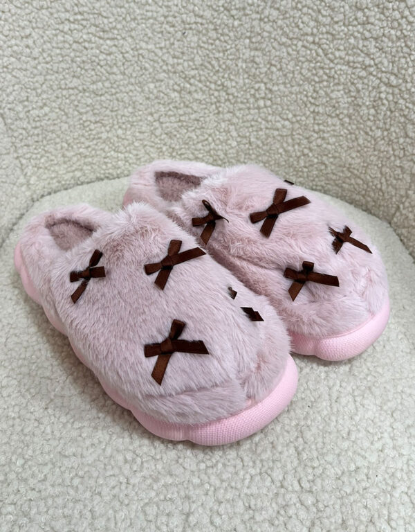 Furry Bow Slippers Pink