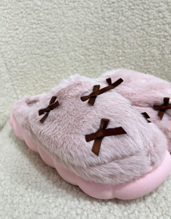 Furry Bow Slippers Pink