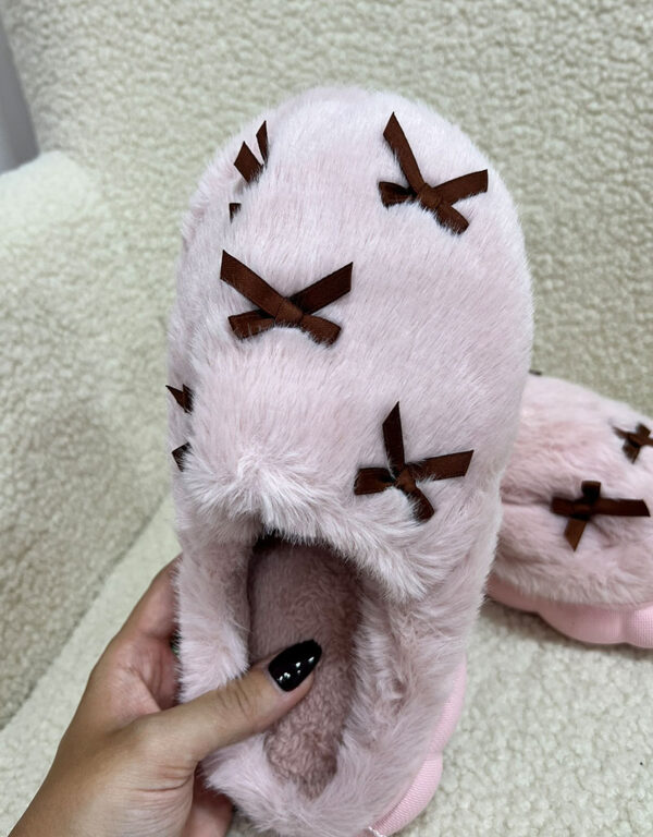 Furry Bow Slippers Pink