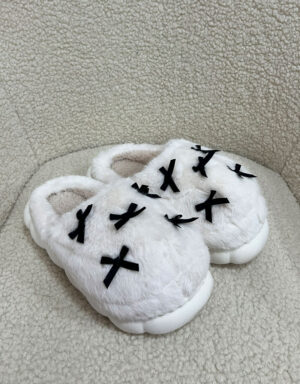 Furry Bow Slippers White