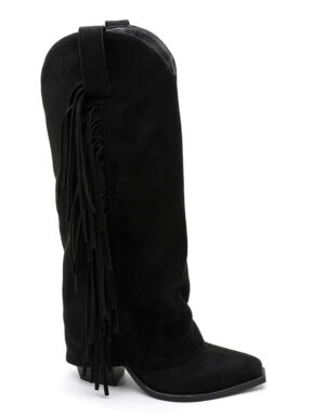 Suede Fringe Cowboy Boots Black