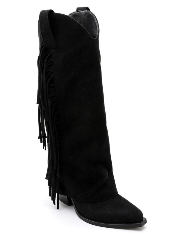 Suede Fringe Cowboy Boots Black
